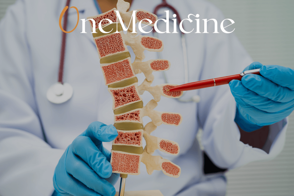 middle back pain - doctor pointing at spinal cord anatomy